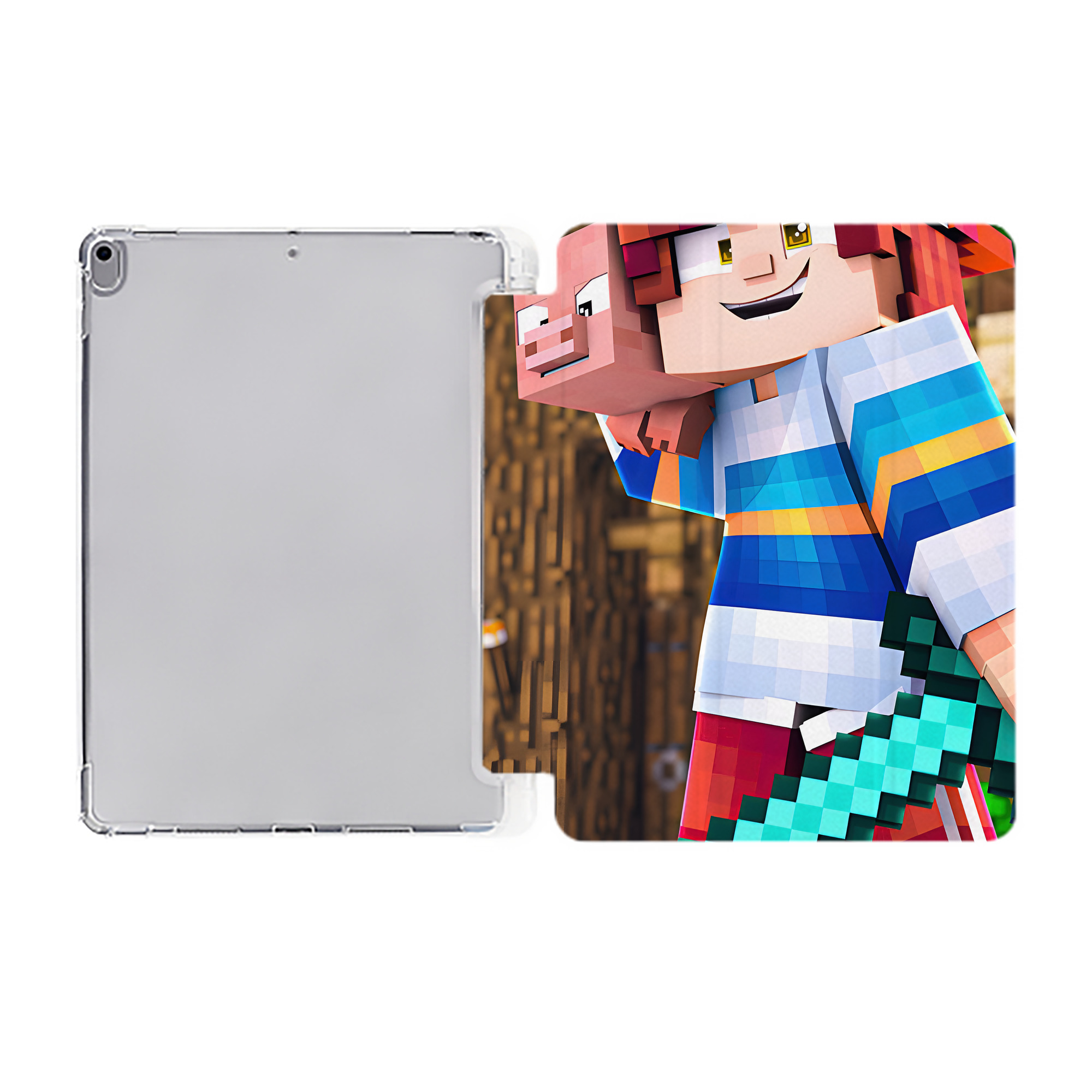 （画像用） マインクラフト ブロックの世界 Minecraft MC Block world IPad ケース ペン収納付き 三つ折りスタンド PUレザー×シリコン 対応機種9.5/10.5/10.9インチ